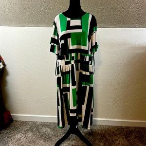Green blue and white geometric pattern dress